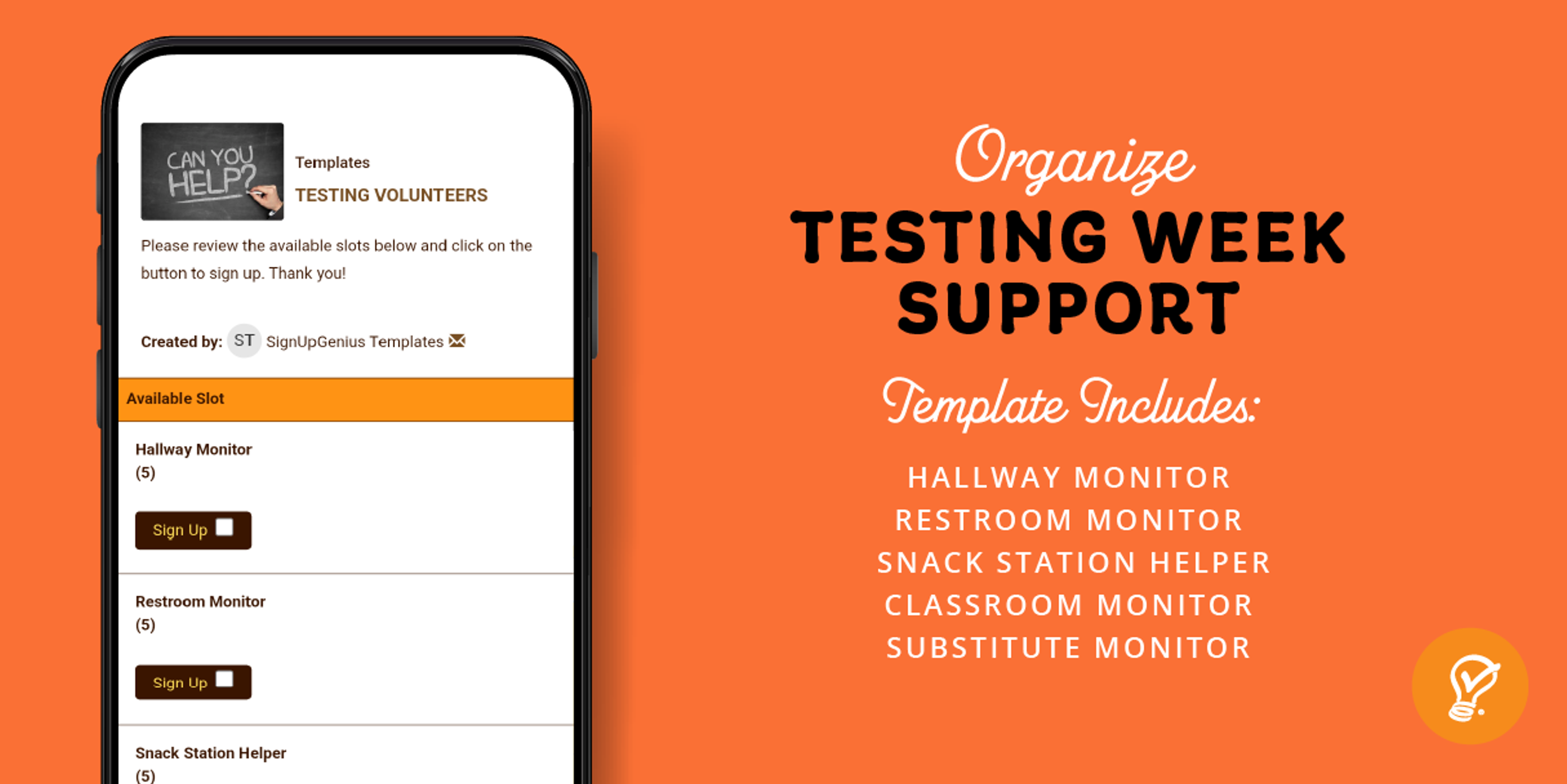 Testing week support sign up template on a phone with slot descriptions on an orange background.