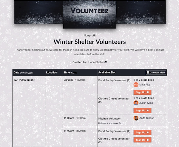 Winter Shelter Volunteers Sign Up