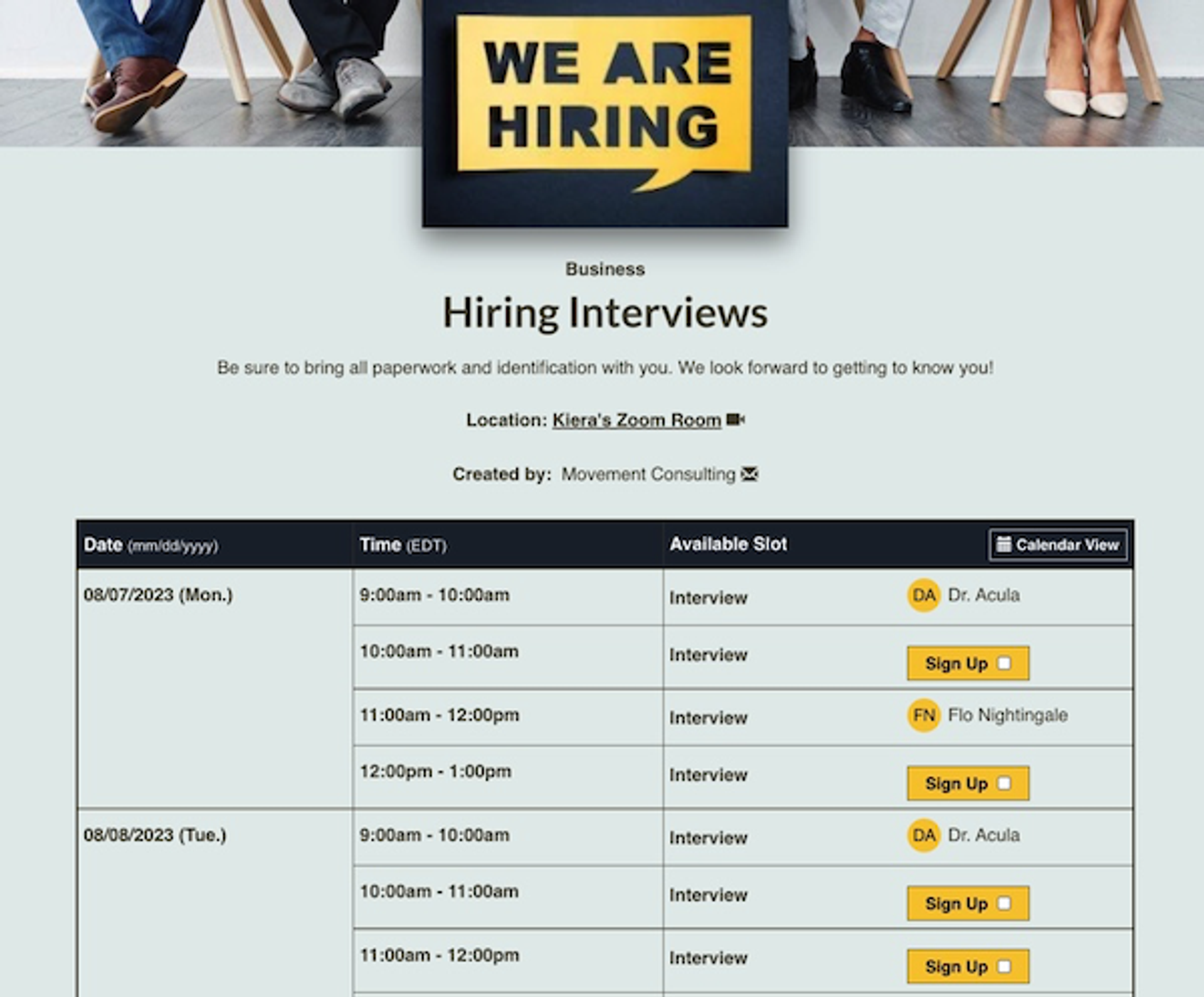 Hiring Interviews Sign Up