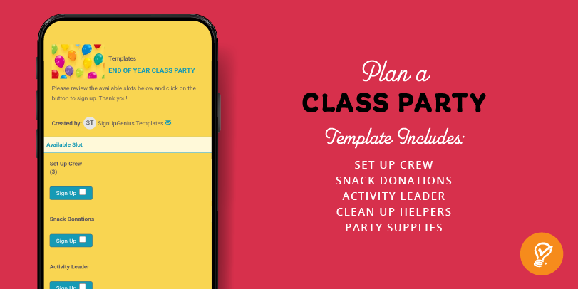 Class party sign up template on a phone, red background and sign up content on the side.