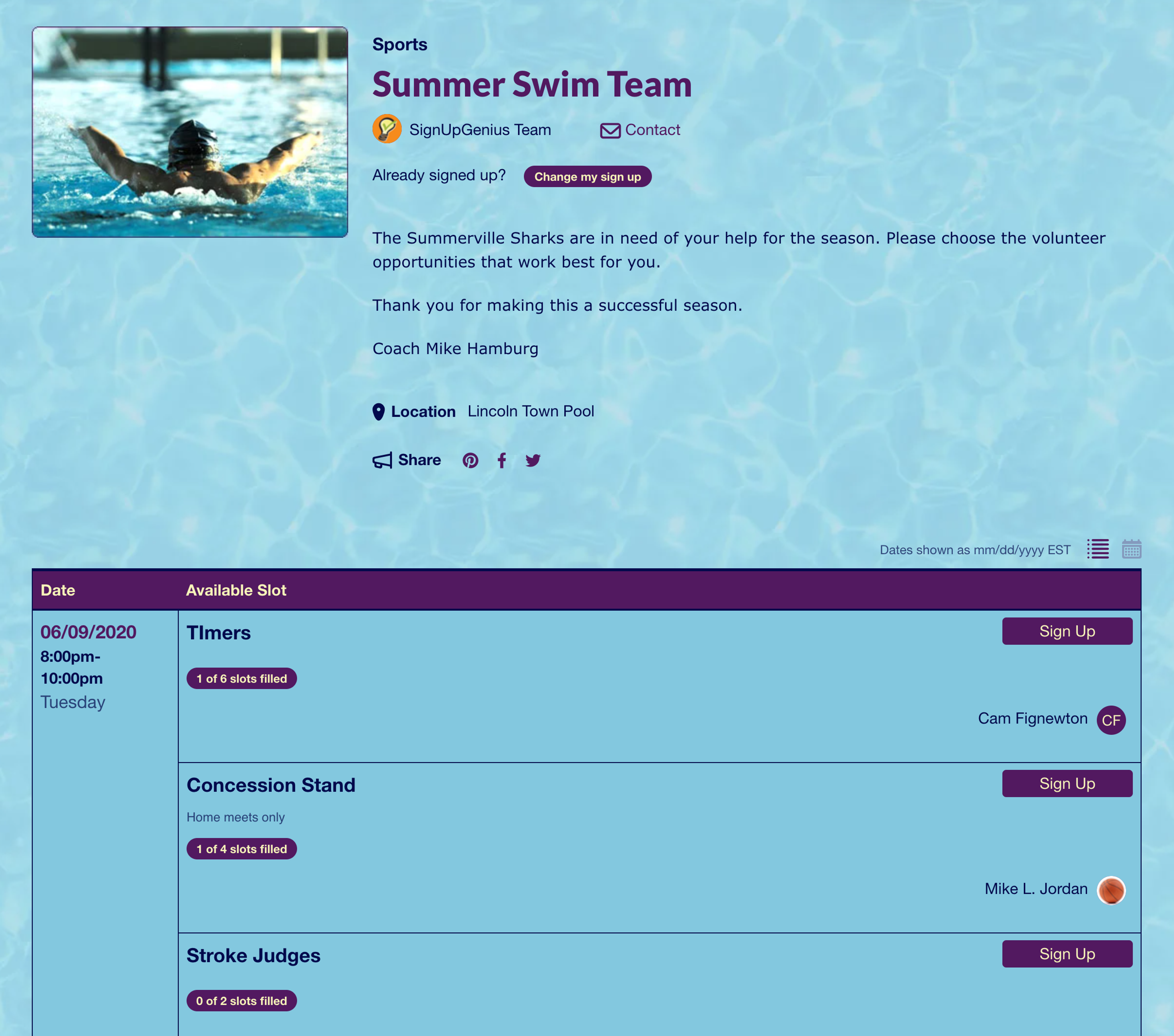 swim team sign up
