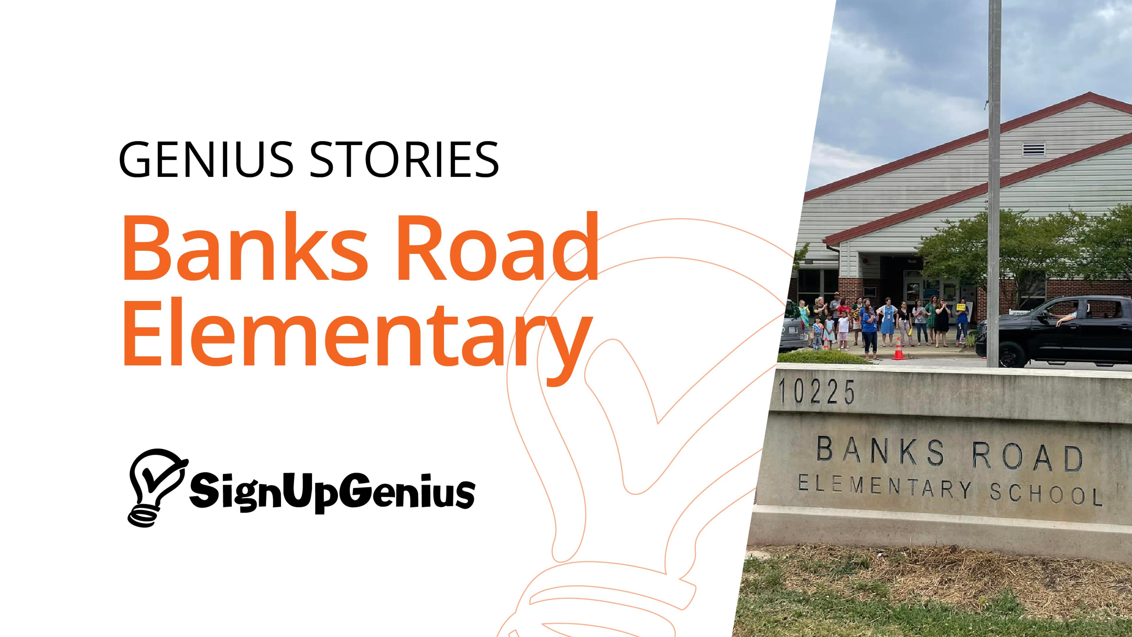 Outside of Banks Road Elementary school during pick up time with sign showing.