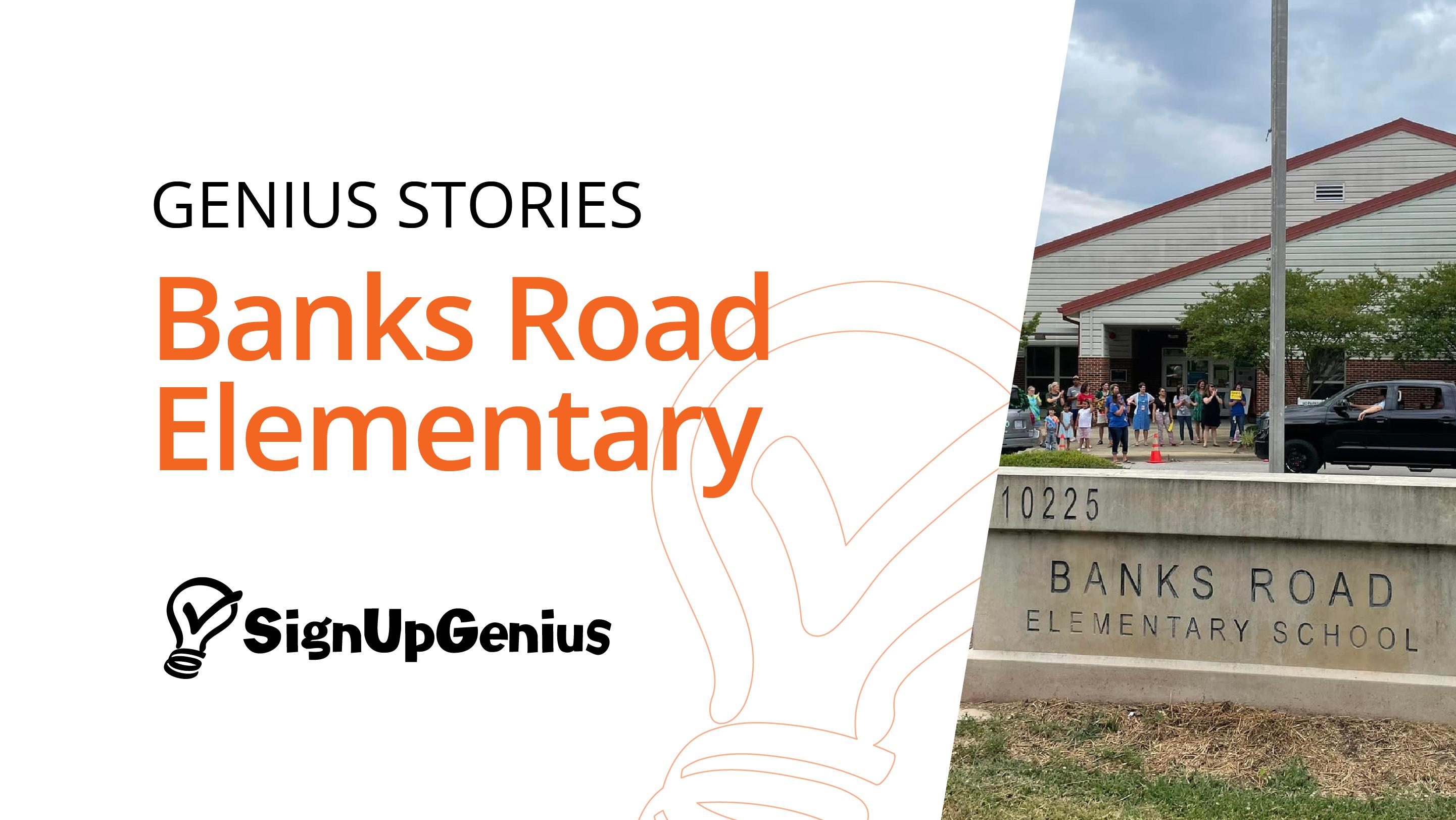 Outside of Banks Road Elementary school during pick up time with sign showing.