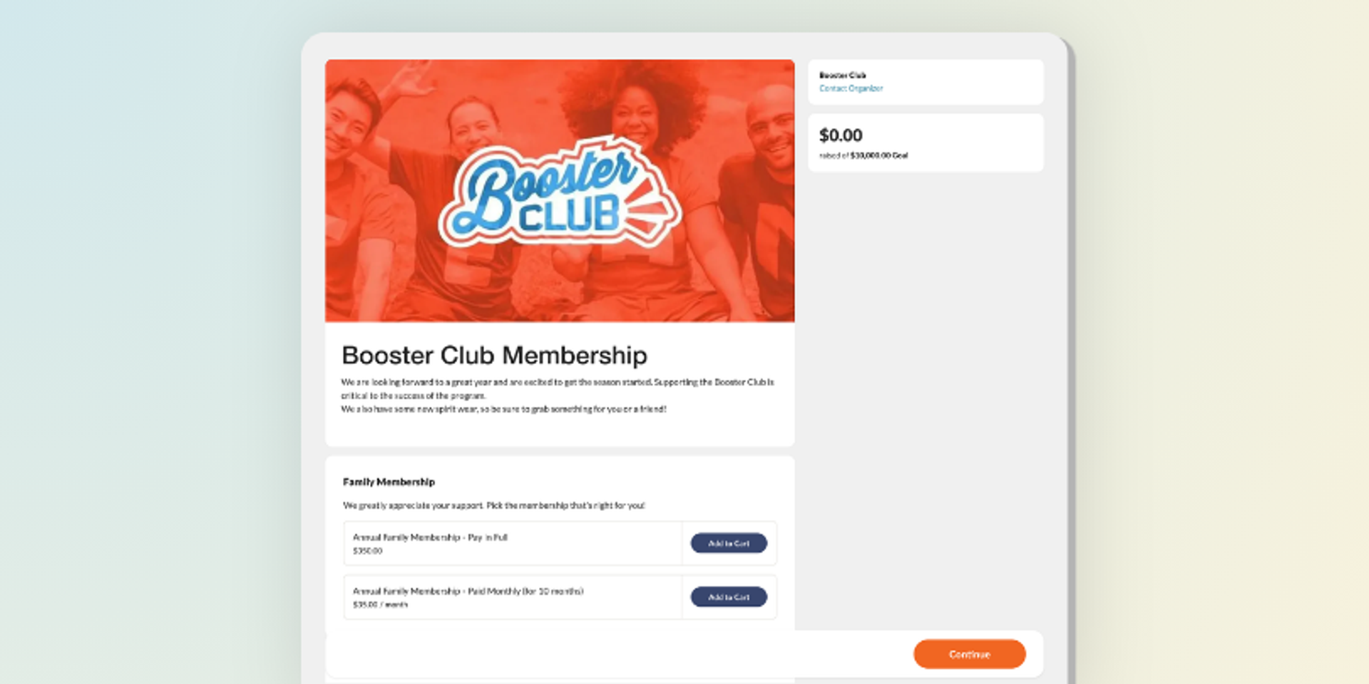 Screenshot of Booster Club Registration Page
