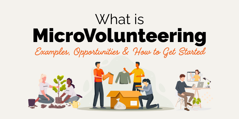 Illustration showing microvolunteering examples like gardening, donating, and online tasks