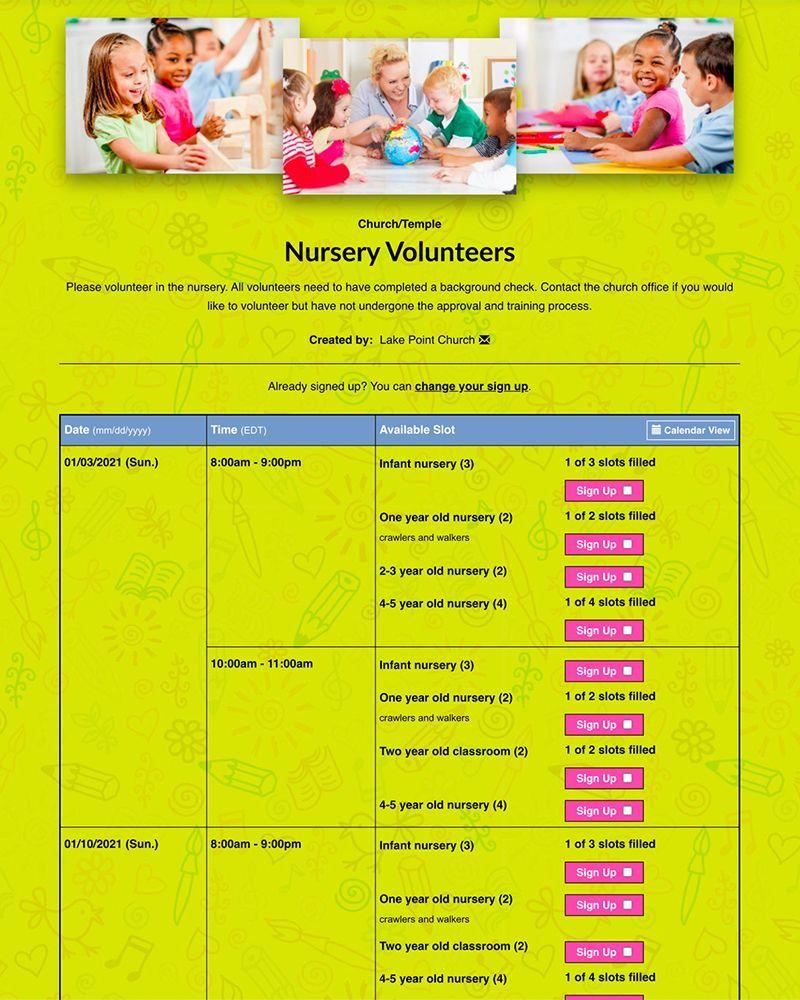 Recruit and schedule nursery volunteers.