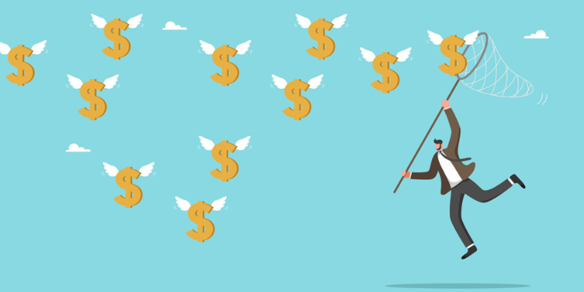 man chasing money symbols 