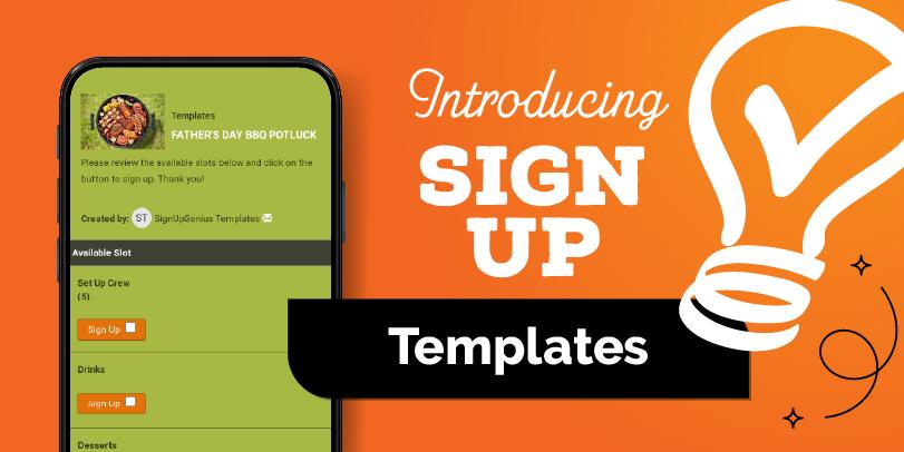 Sign up template on an iphone and text that says "introducing sign up templates"