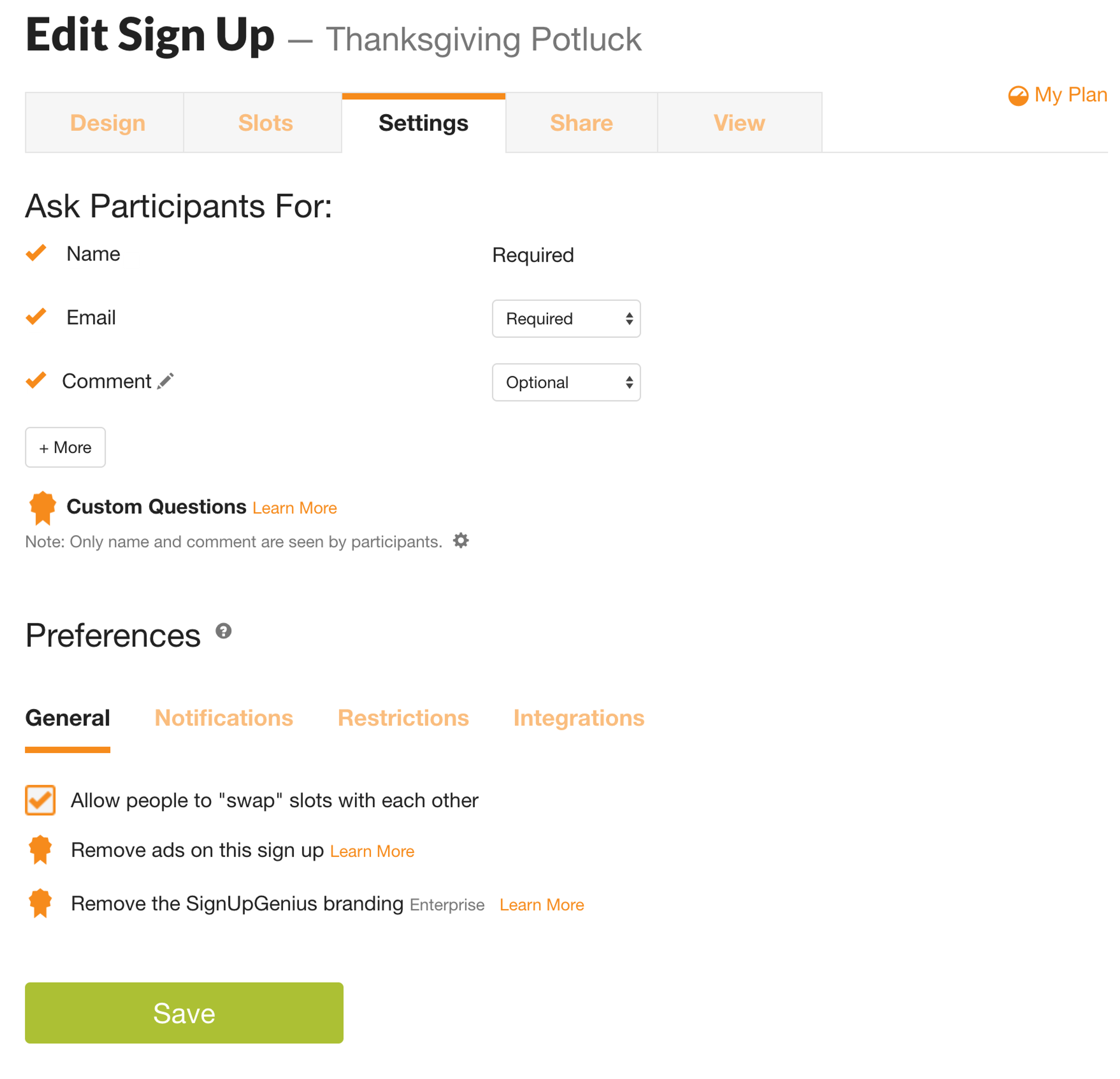 signupgenius potluck settings