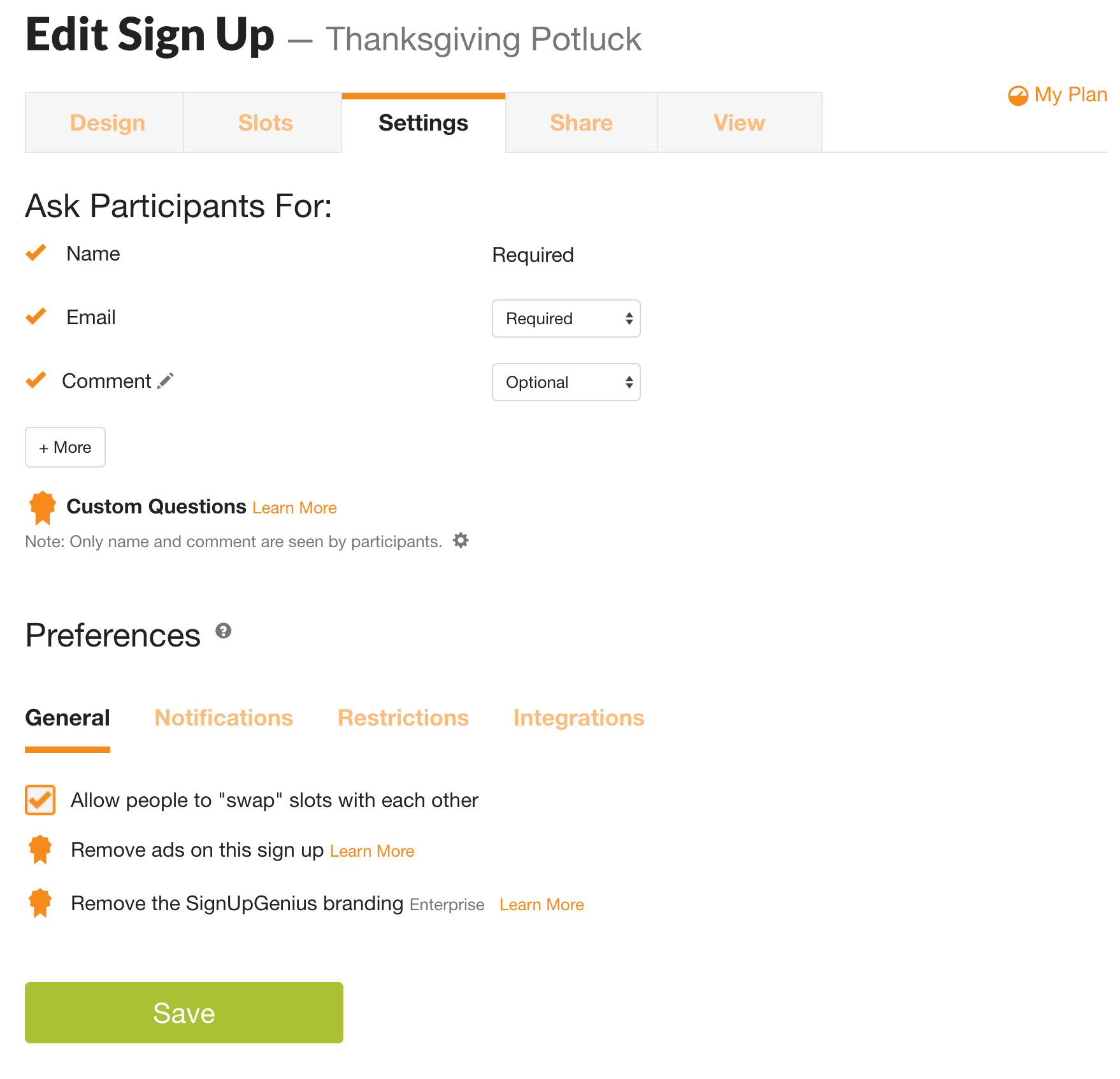 signupgenius potluck settings