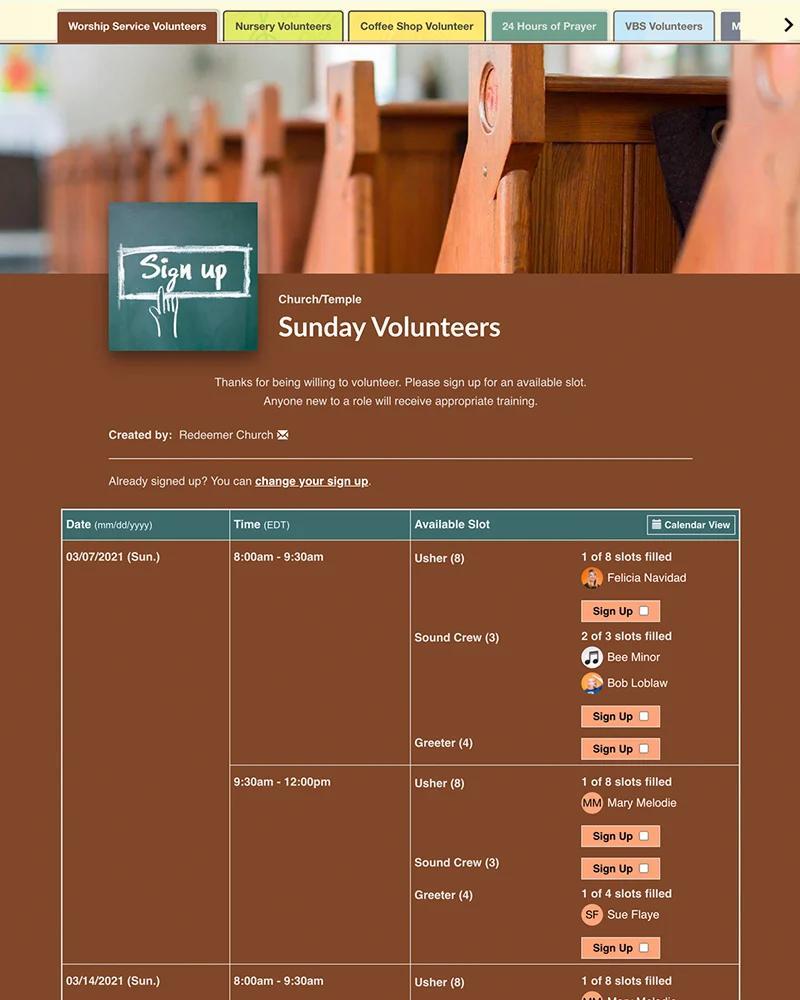 Schedule worship service volunteers.