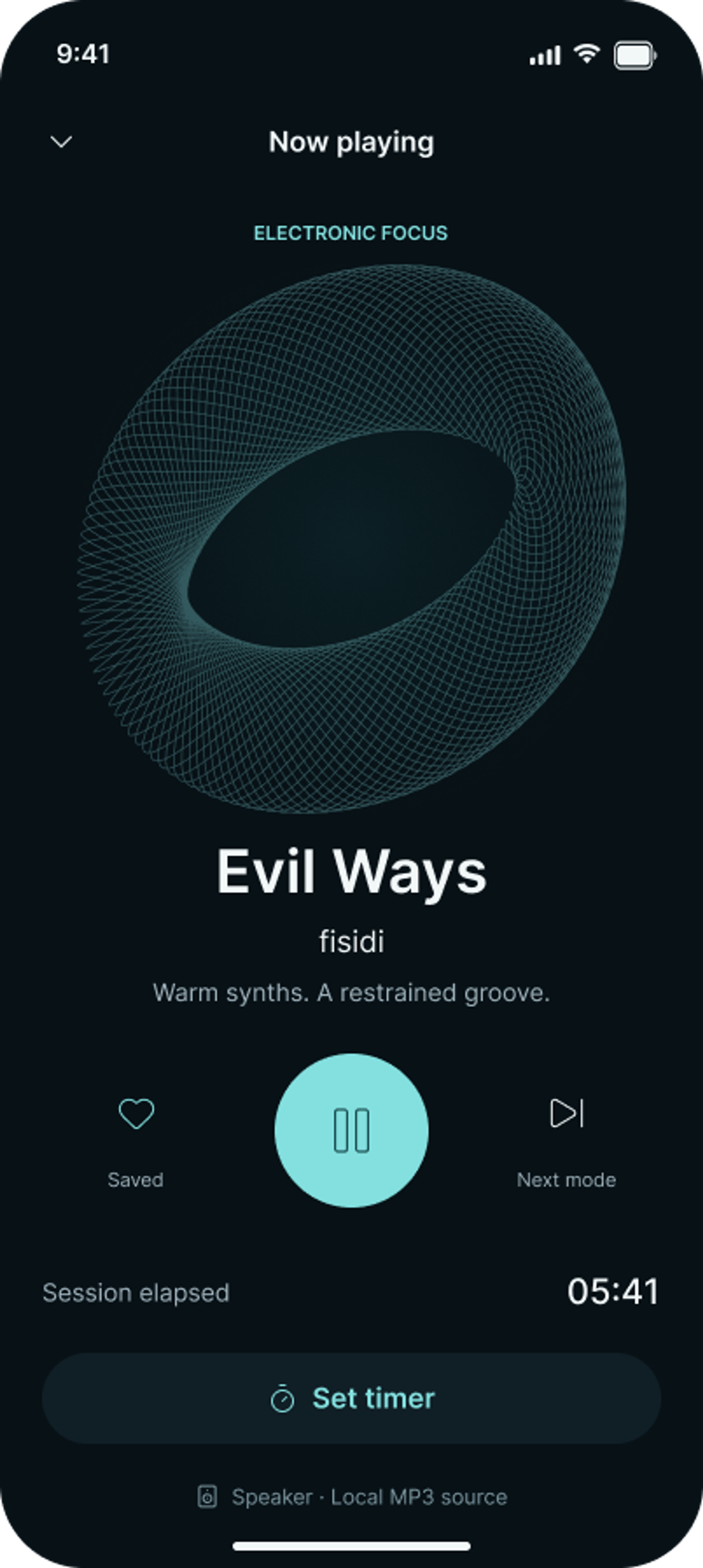 Luminoise mobile player for Evil Ways by fisidi, with a teal audio visualizer, playback controls, elapsed session time, and a focus timer.