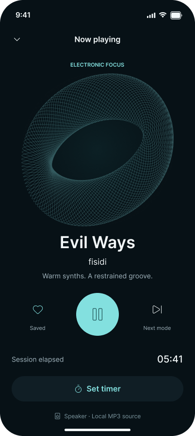 Luminoise mobile player for Evil Ways by fisidi, with a teal audio visualizer, playback controls, elapsed session time, and a focus timer.