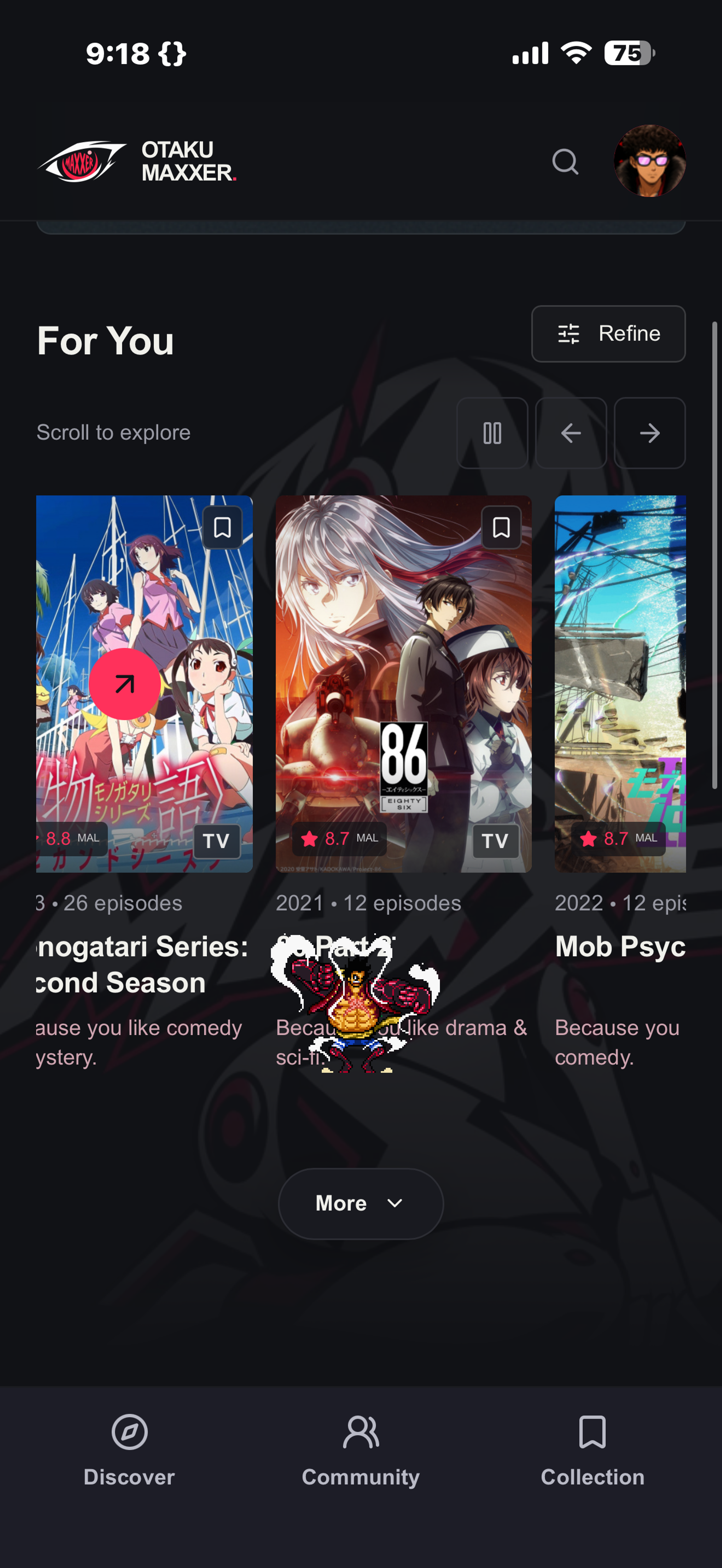 Otakumaxxer mobile discovery screen with personalized anime recommendations and Discover, Community and Collection navigation.