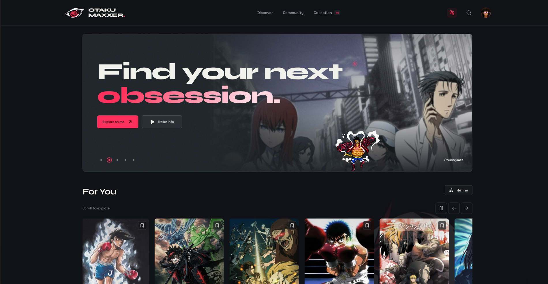 Otakumaxxer desktop discovery page with the Find your next obsession hero, anime recommendations, and an animated companion.