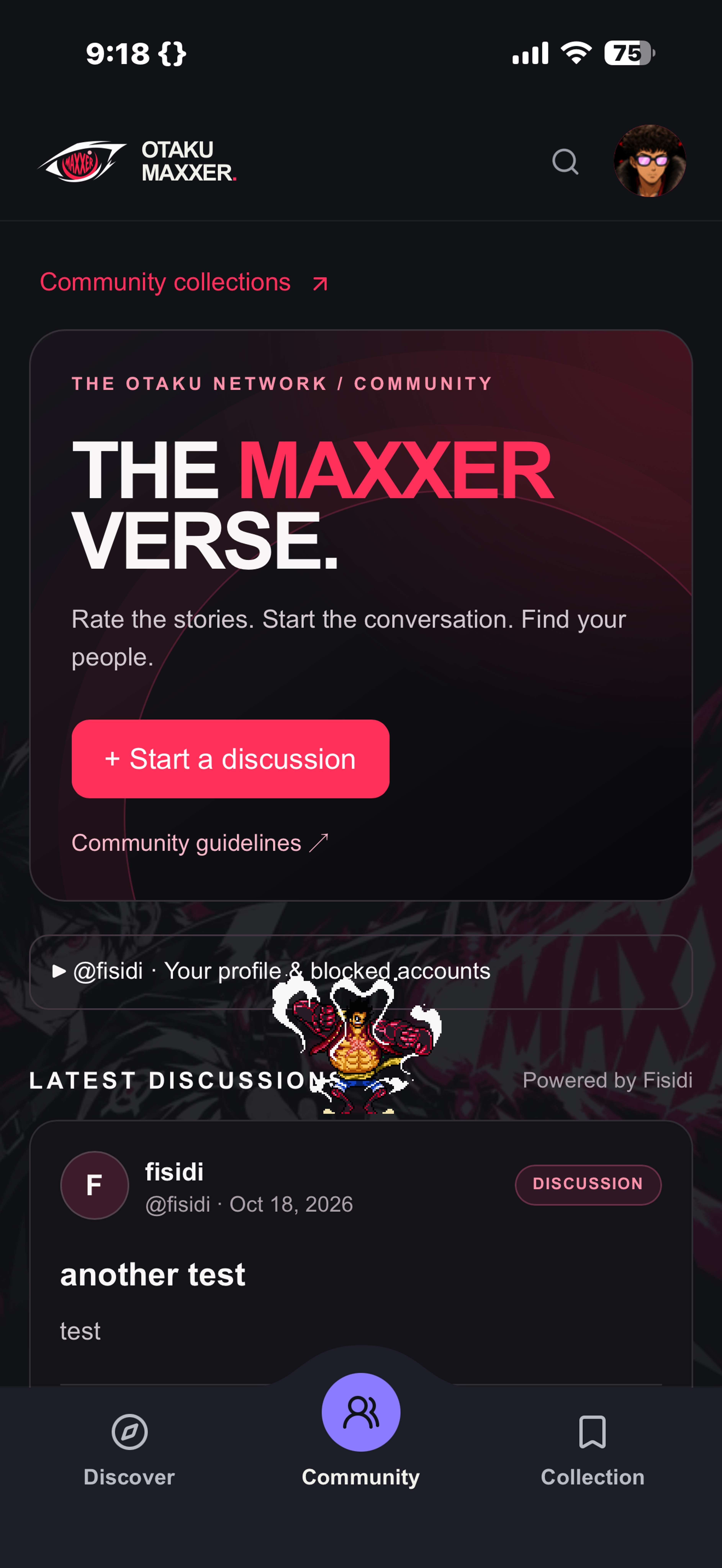 Otakumaxxer mobile community screen showing The Maxxer Verse, a start-discussion button, and the latest discussions.