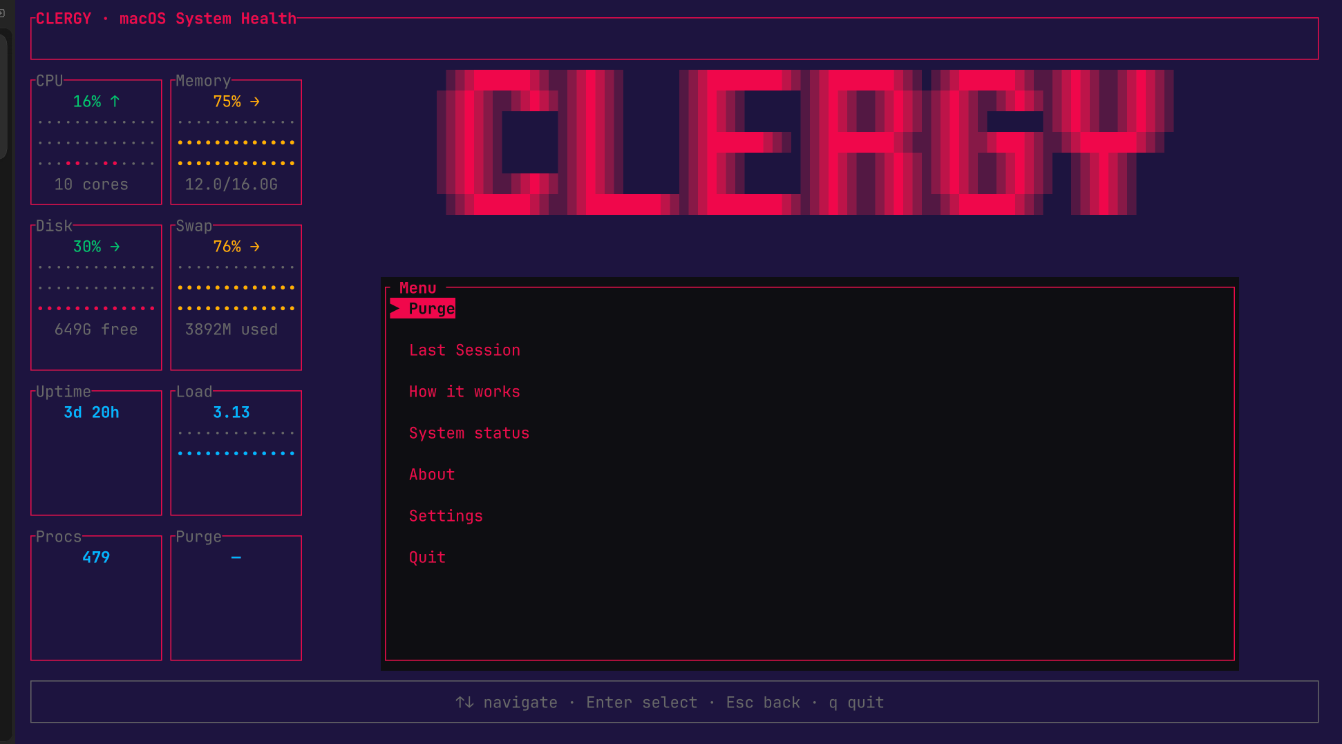 Clergy macOS system health dashboard with CPU, memory, disk and swap panels, a red CLERGY wordmark, and the maintenance menu.