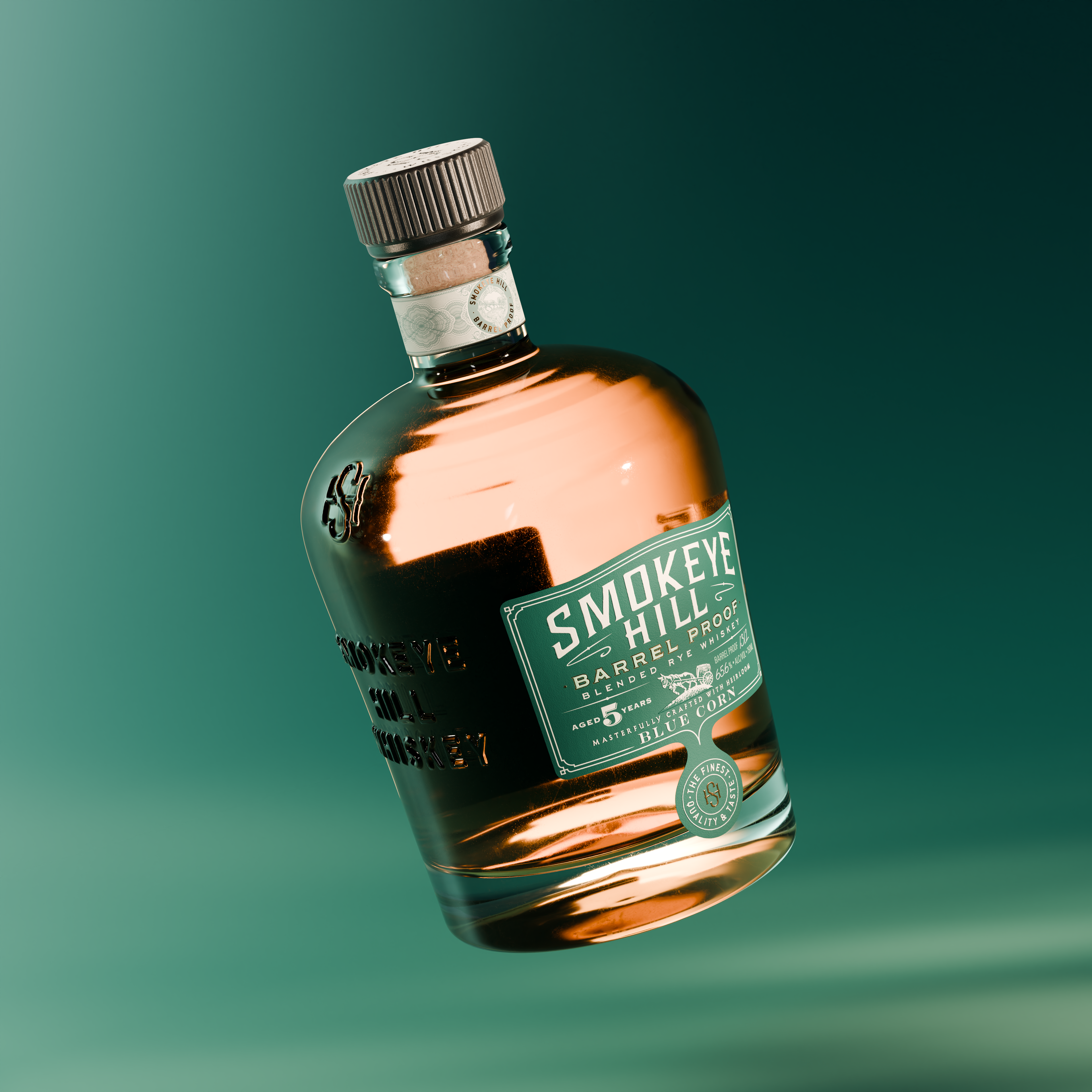 Image of Blended Rye bottle on green background. Side image.