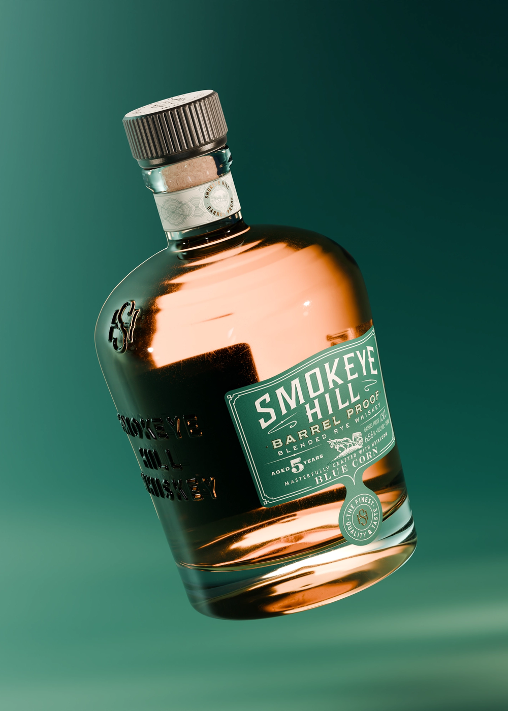 Image of Blended Rye bottle on green background. Side image.