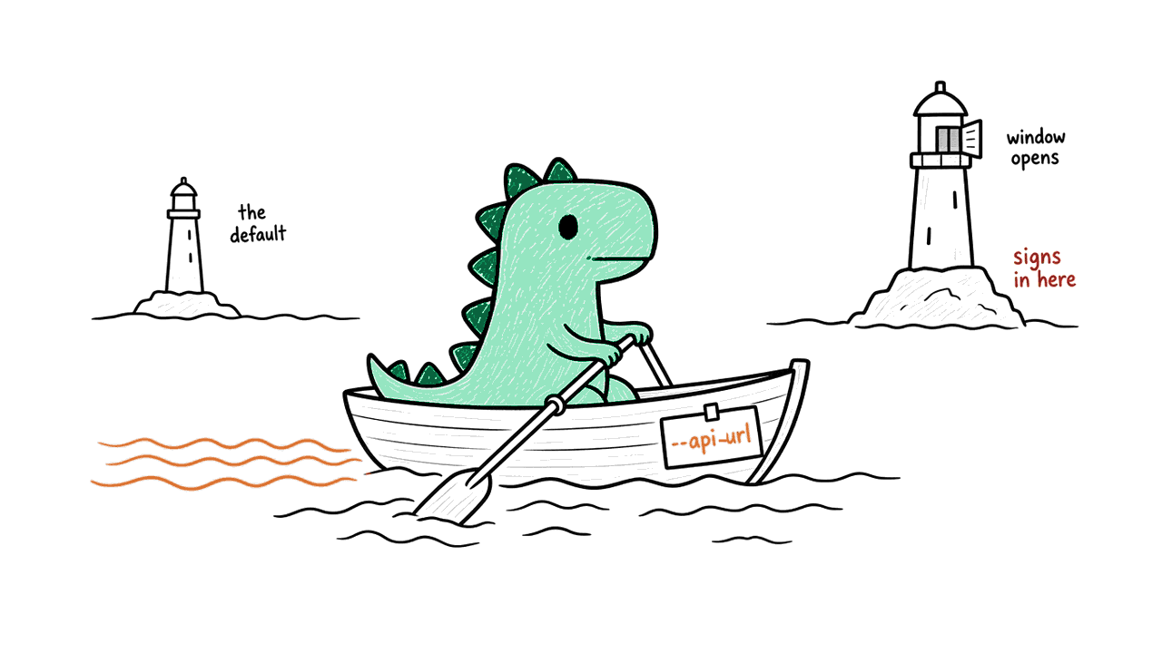 Dino, a small green dinosaur, rows a little boat past the faint default lighthouse toward the nearer one named on the note pinned to its bow, whose window swings open