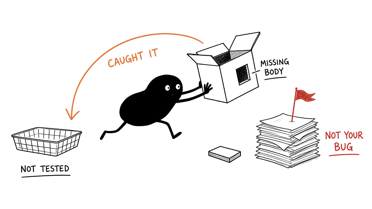A black operator catches its own half-packed parcel before it lands on the findings pile and drops it in the not tested tray