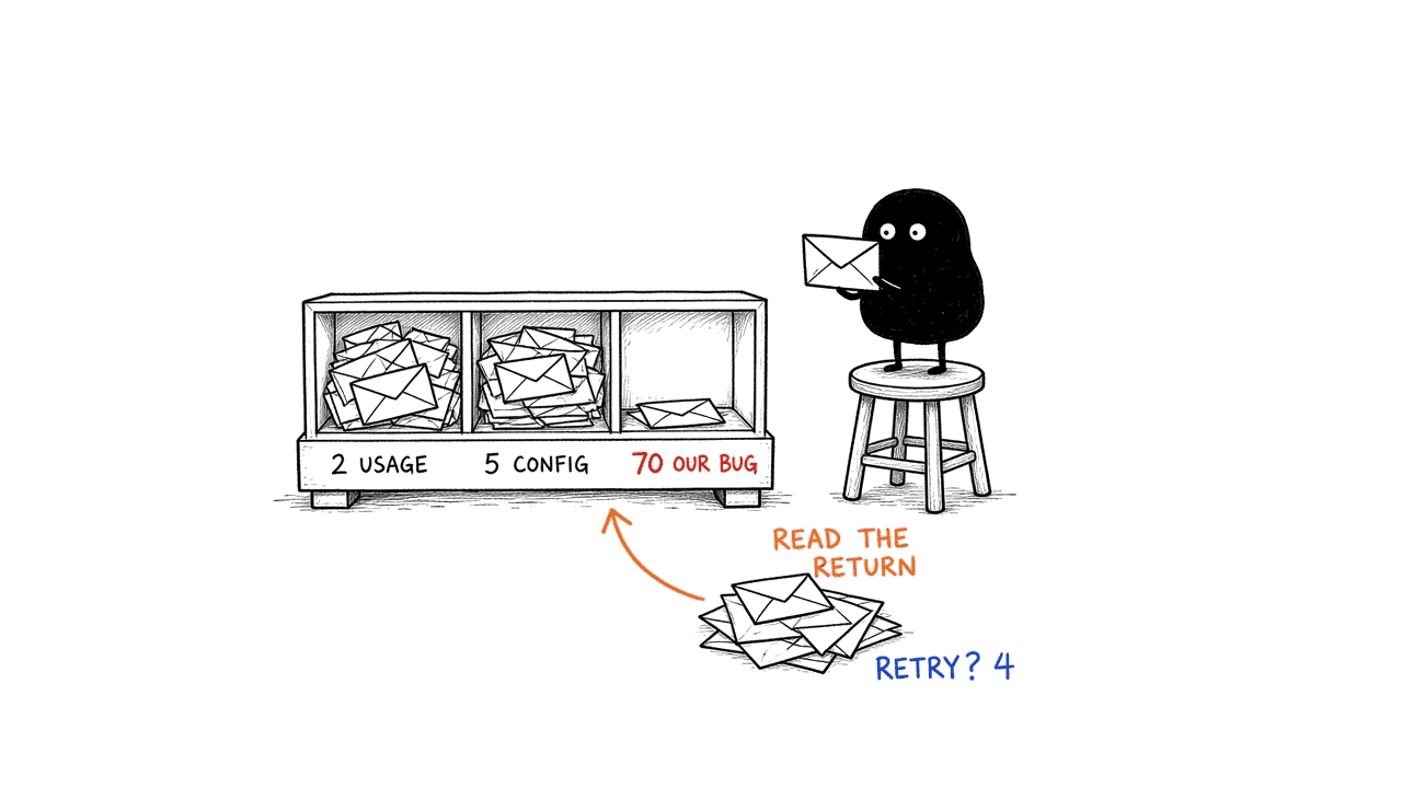 A black operator sorts returned envelopes into cubbies marked 2 usage and 5 config, leaving the 70 cubby nearly empty