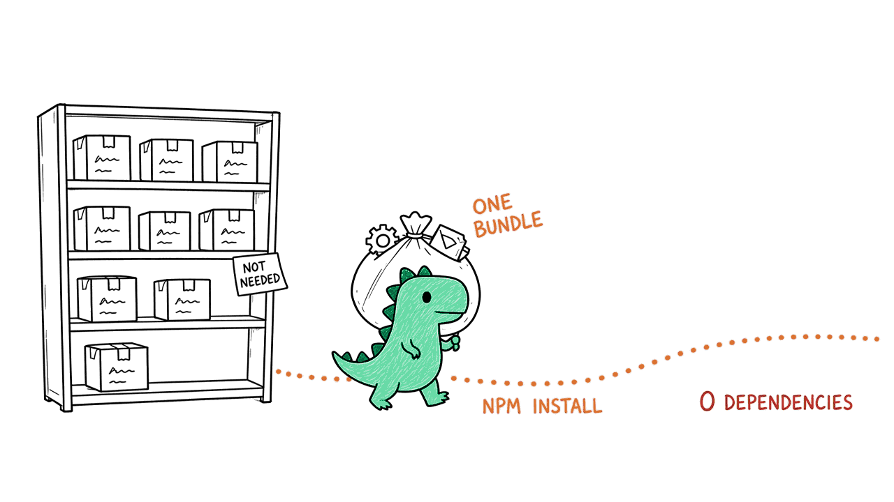 Dino, a small green dinosaur, walks out carrying a single packed bag, past a shelf of boxes it leaves untouched