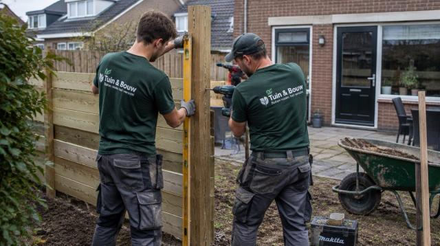 Twee vakmensen plaatsen een schuttingpaal