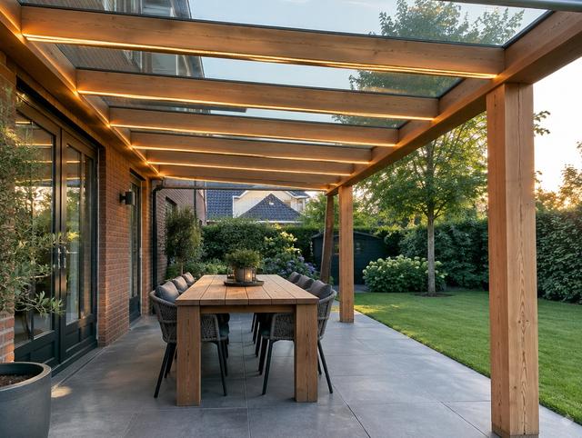 Houten veranda met glazen dak aan de achterzijde van een woning
