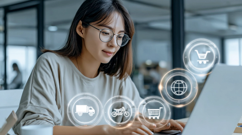 Young Vietnamese businesswoman sitting at a desk in a modern corporate office with glass partitions, working on a laptop, large glowing white line-art icons floating around her in a semicircle showing a delivery truck, shipping box, shopping cart, globe with network lines, and a motorcycle, the icons are large and clearly visible as the focal point, thin clean outlines with subtle glow effect, bright office lighting, natural colors, balanced white balance, editorial commercial photography