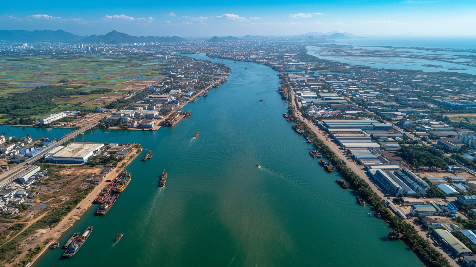 Elevated view of a Vietnamese logistics warehouse district, Northern Vietnam industrial area, corrugated metal warehouses, delivery trucks lined up at loading docks, a wide access road with trucks and motorcycles, flat terrain with distant cityscape, bright sunny day, clear sky, natural colors, balanced white balance, clean natural light, documentary photography style