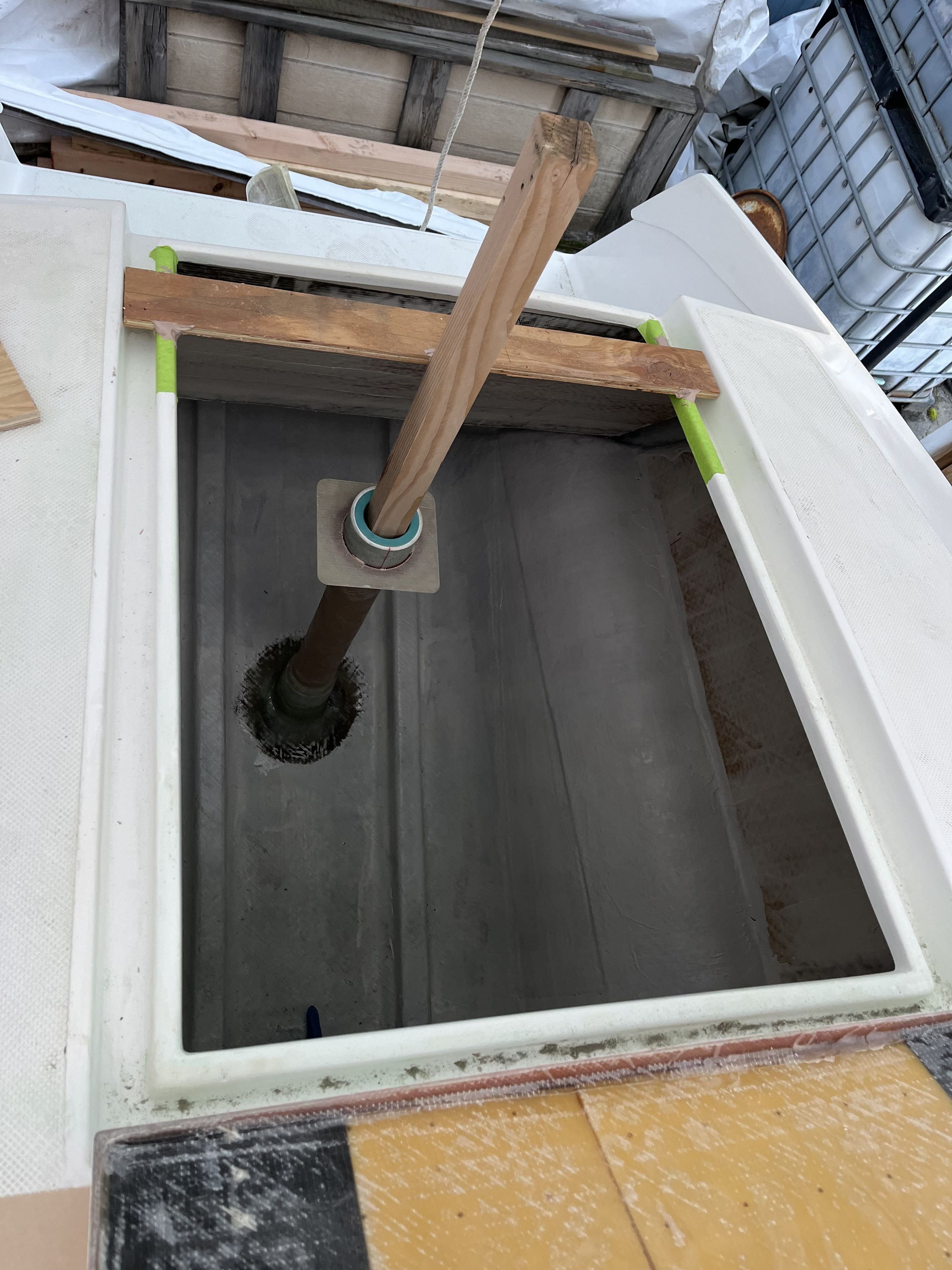 Rudder tube aligned & ready for fiberglass tabbing to port hull