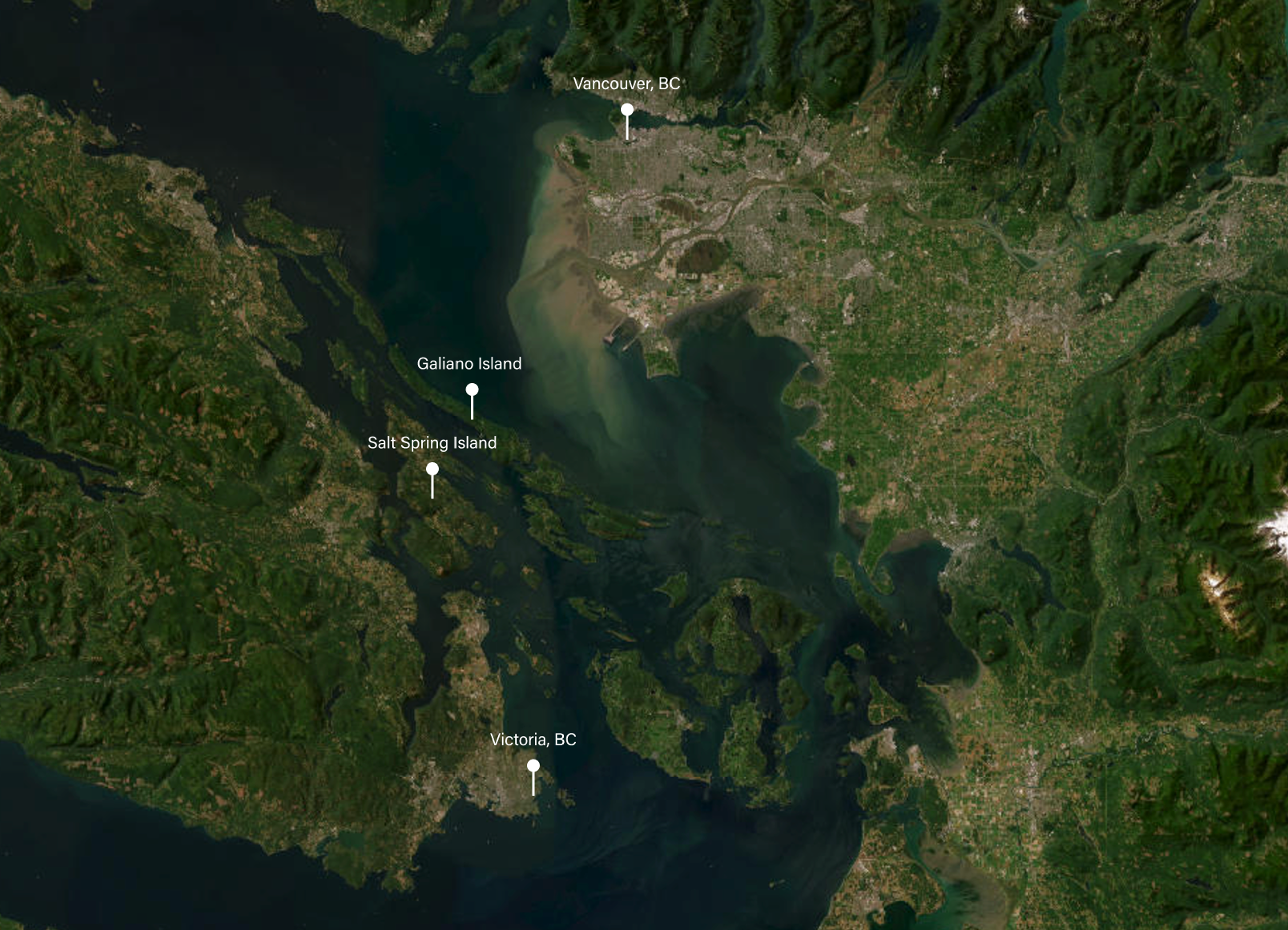 Map of British Columbia, showing Galiano Island, Vancouver, Victoria, and Salt Spring Island