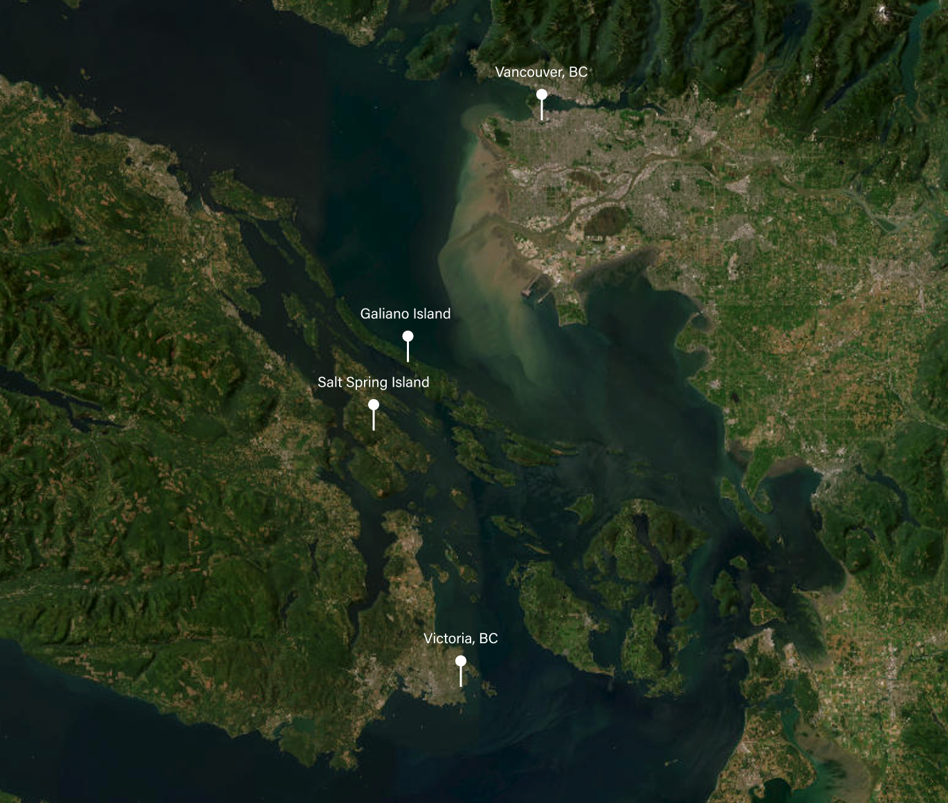 Map of British Columbia, showing Galiano Island, Vancouver, Victoria, and Salt Spring Island