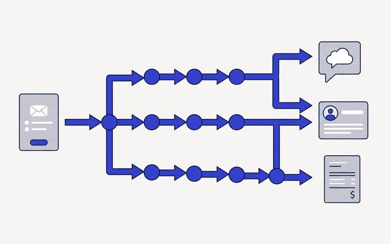 Illustration of a lead being routed through three automation pipelines to chat, CRM and invoicing