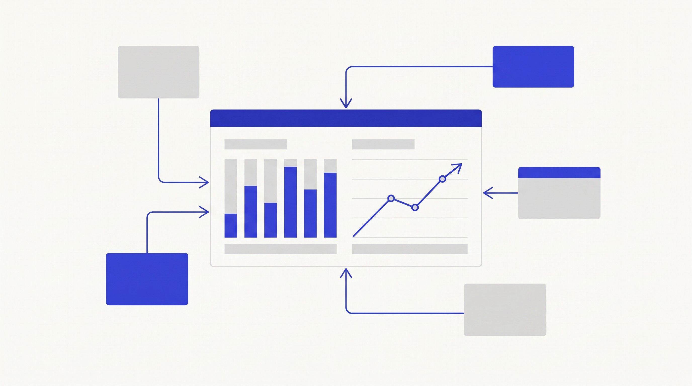 Illustration of a business dashboard with charts, fed by data from several Odoo modules