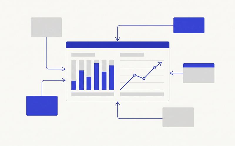 Illustration of a business dashboard with charts, fed by data from several Odoo modules