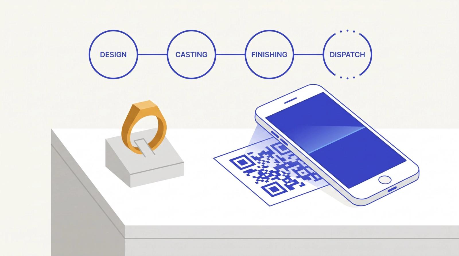 Illustration of a jewellery workbench with a ring, a job ticket QR code being scanned by a phone, and production stages above