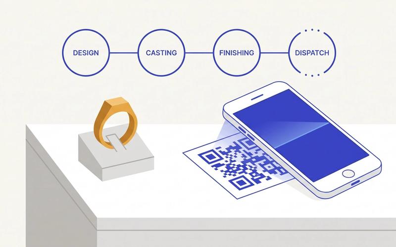 Illustration of a jewellery workbench with a ring, a job ticket QR code being scanned by a phone, and production stages above