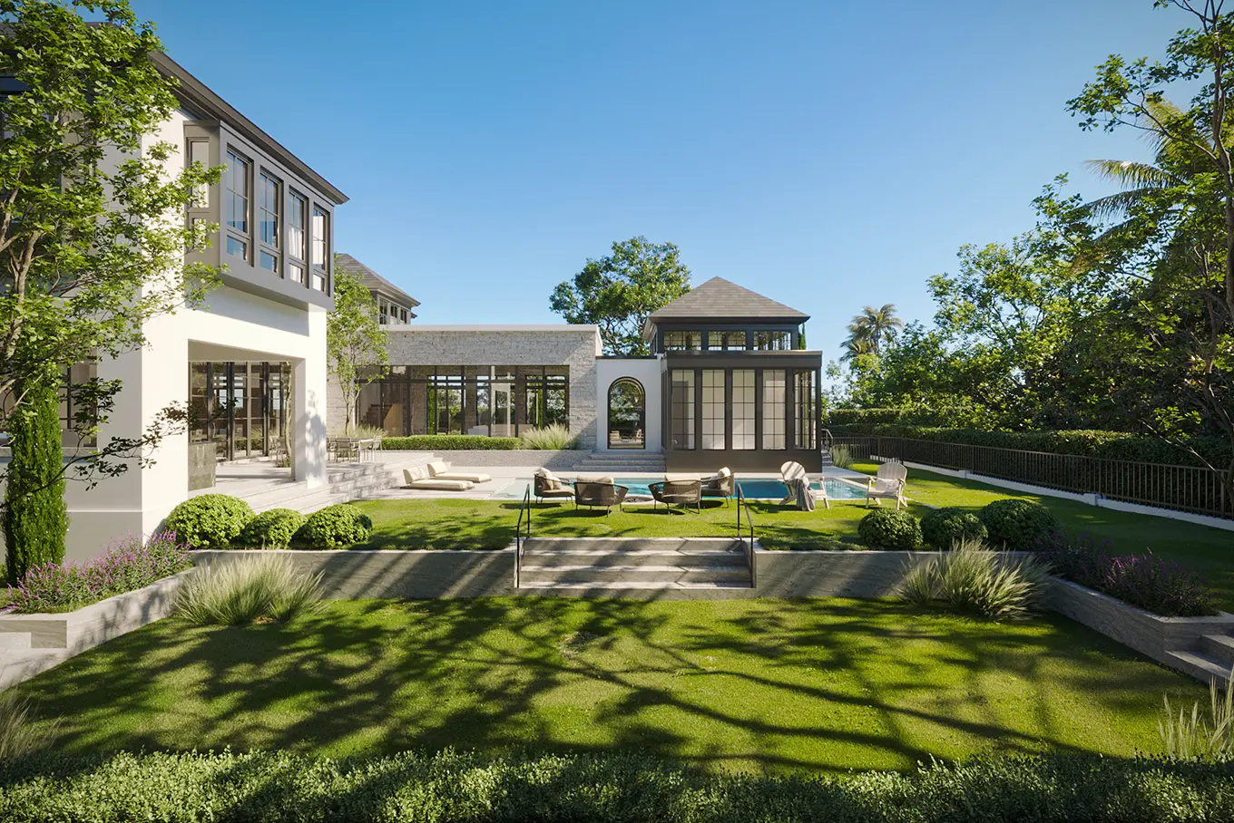 Expansive backyard with pristine swimming pool, manicured lawn, and elegant covered outdoor living area