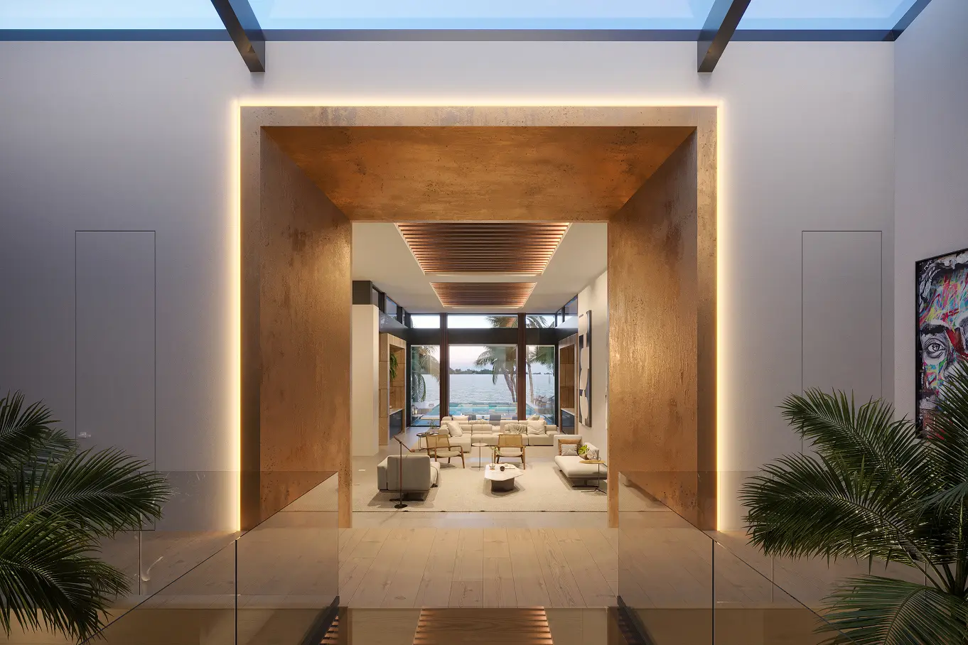 View through illuminated hallway to open living area showcasing integrated design and architectural lighting