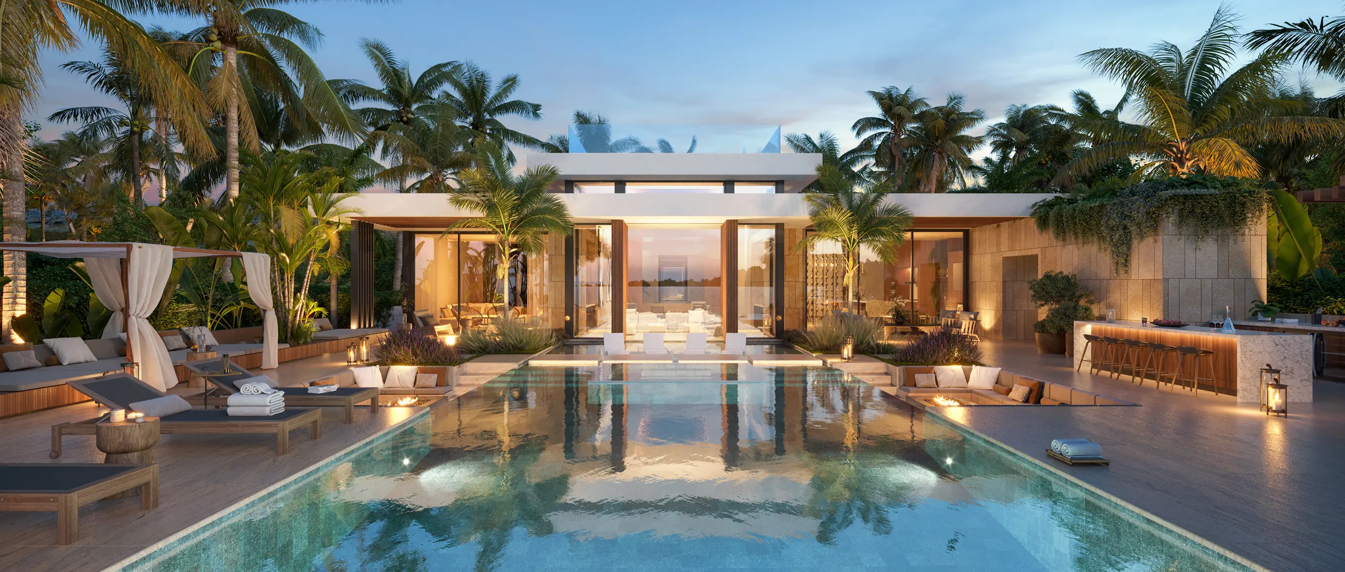 Twilight view of resort-style pool with outdoor bar, fire pit lounge, cabana, and floor-to-ceiling glass walls