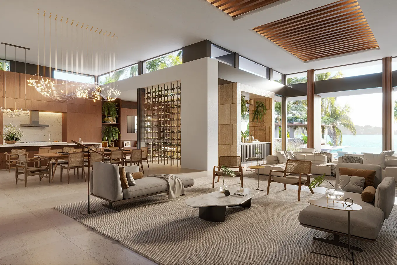 Expansive open-concept living room with warm wood slat ceiling, designer lighting, wine display, and seamless indoor-outdoor flow