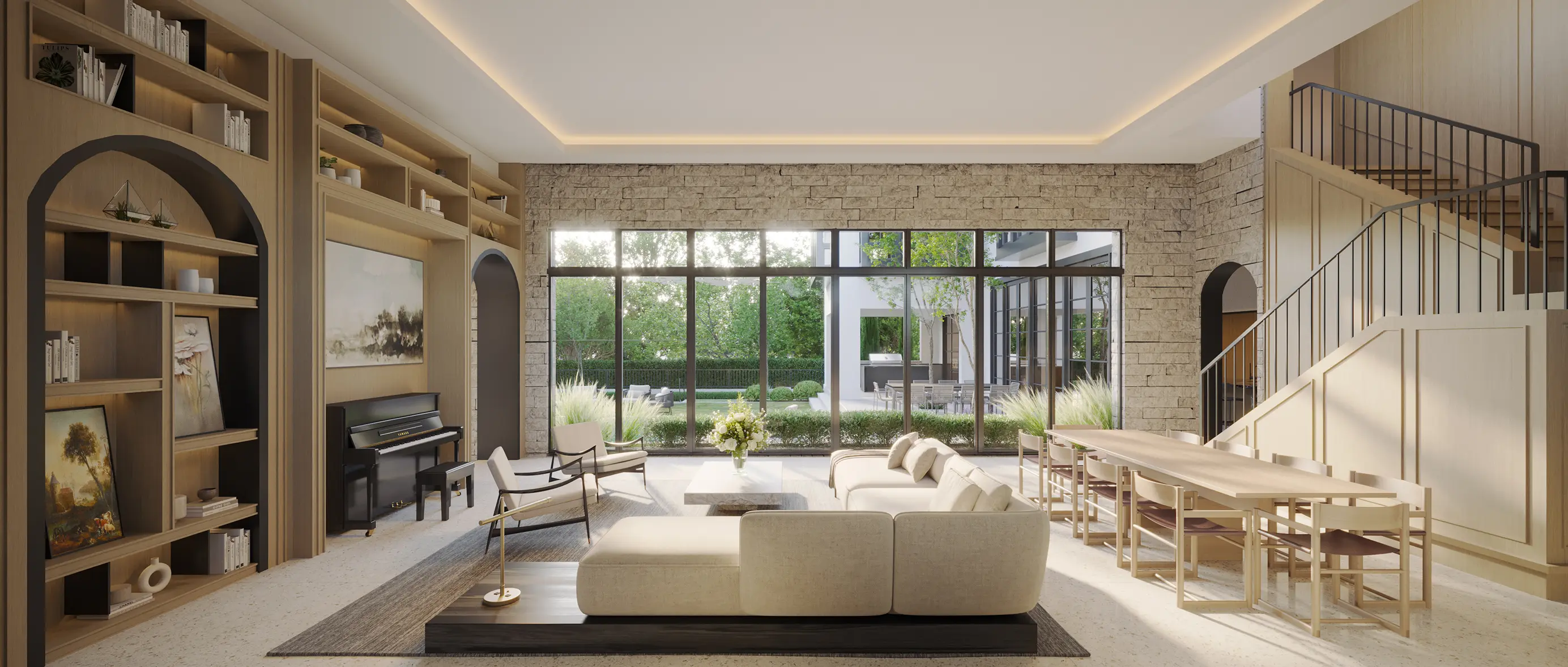 Sophisticated living room with custom built-in shelving, arched architectural details, grand piano, and modern furnishings