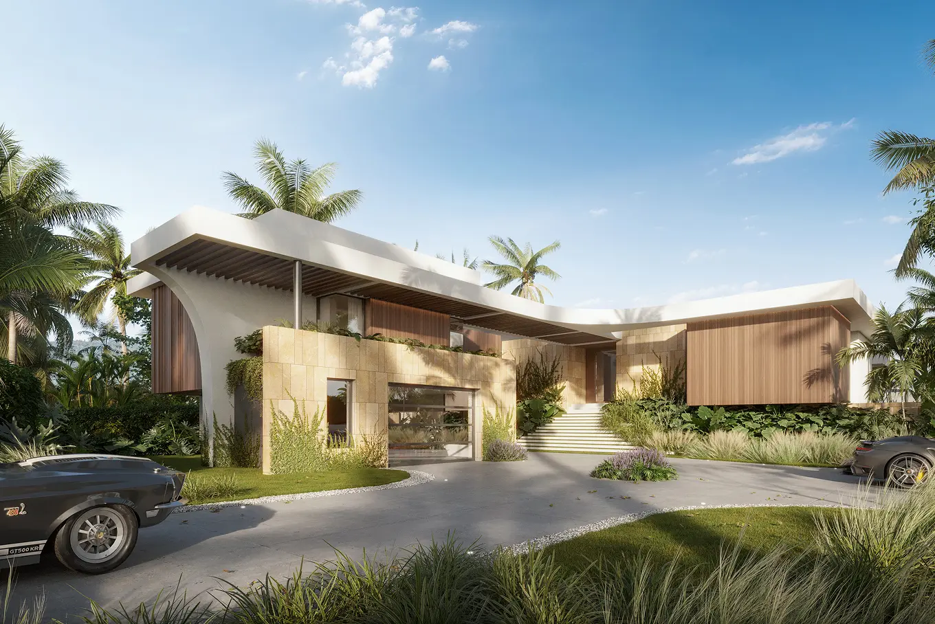 Contemporary luxury residence with warm wood cladding, white stucco, and lush tropical landscaping under blue Miami sky