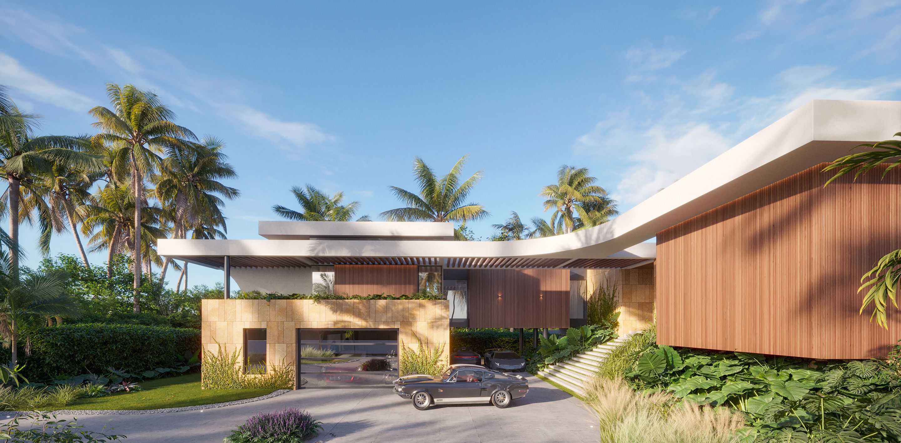 Contemporary luxury residence with warm wood cladding, flat roof design, and tropical palm landscaping in Miami