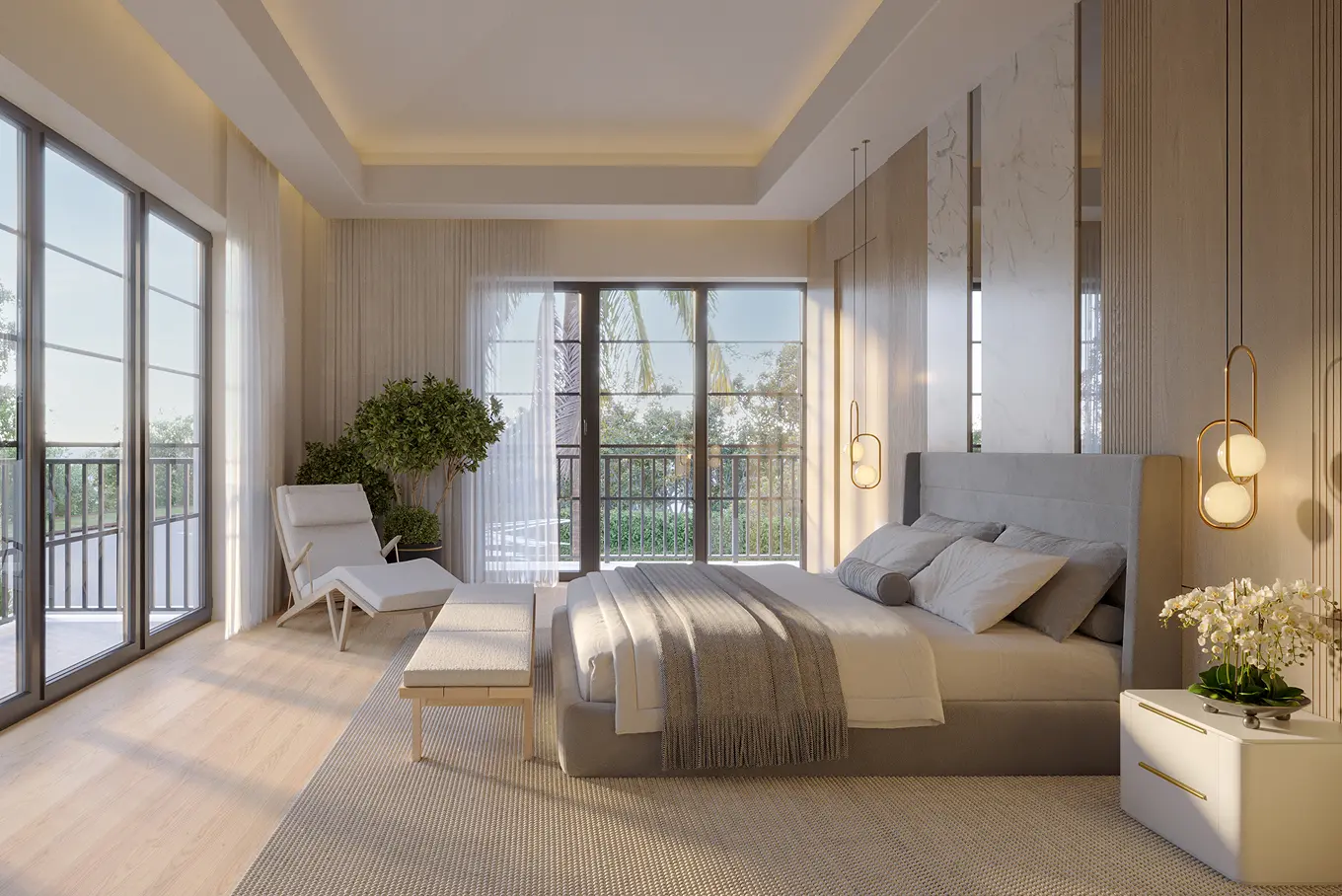 Serene master bedroom with soft neutral tones, elegant furnishings, and abundant natural light
