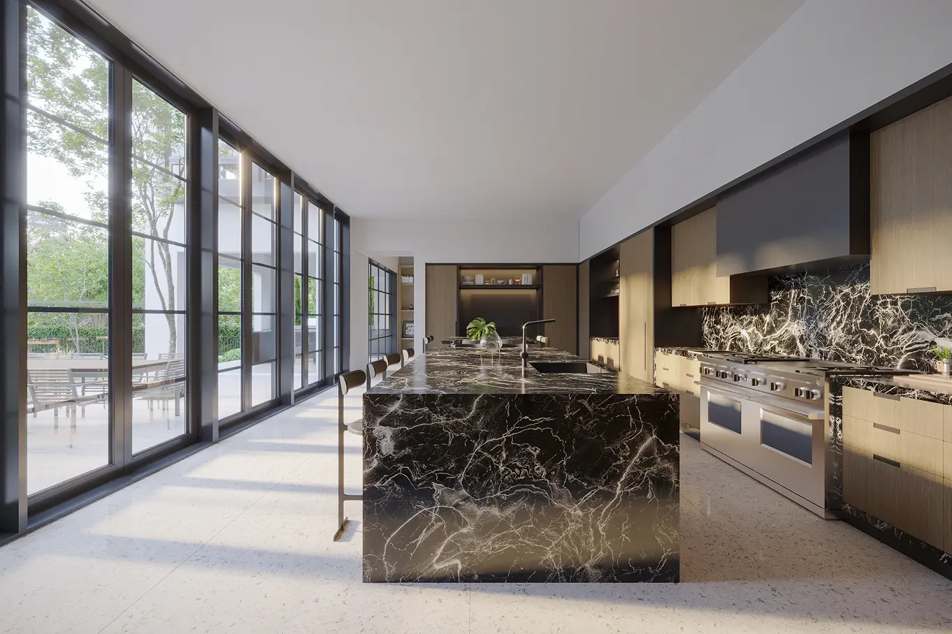 Stunning gourmet kitchen with dramatic black marble waterfall island, professional appliances, and floor-to-ceiling steel-framed windows