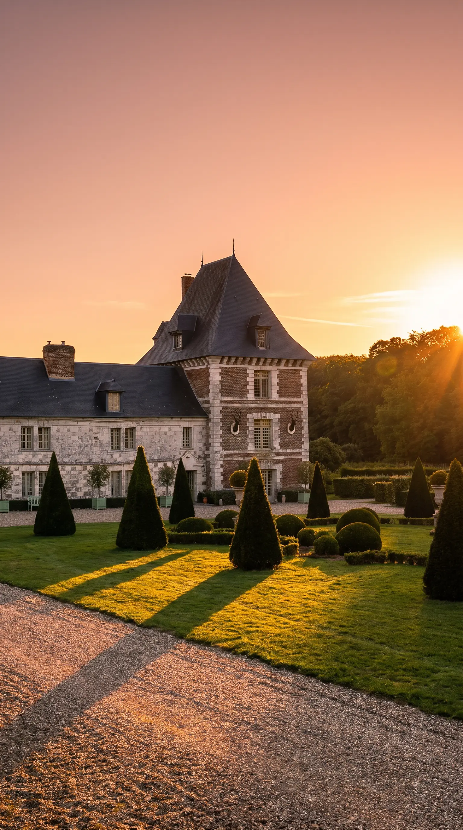 Historic stone and brick manor house surrounded by formal French gardens with conical topiaries and a large green lawn.