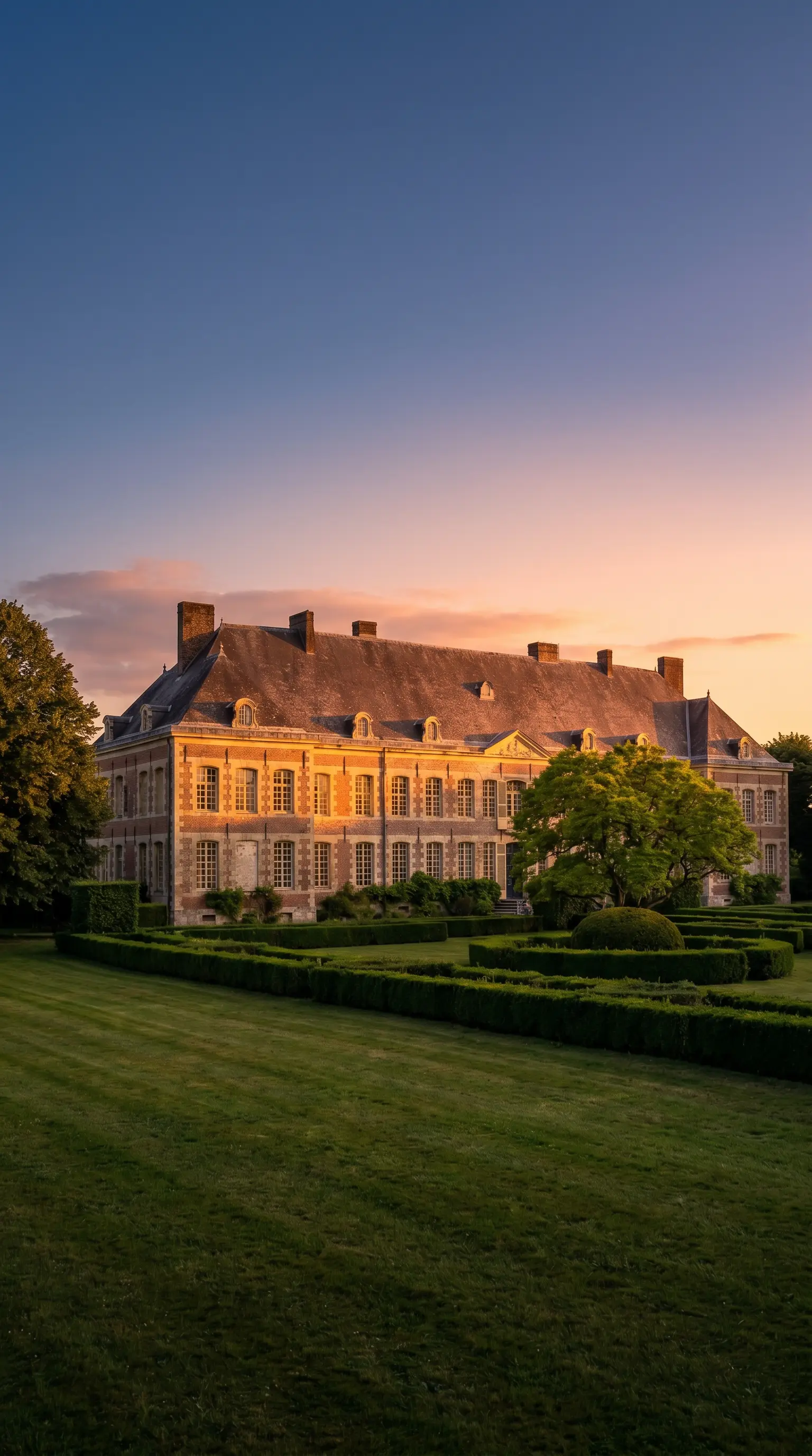European-style Château de Bernoville with high windows, open shutters and manicured hedges in the foreground, seen on a cloudy day.
